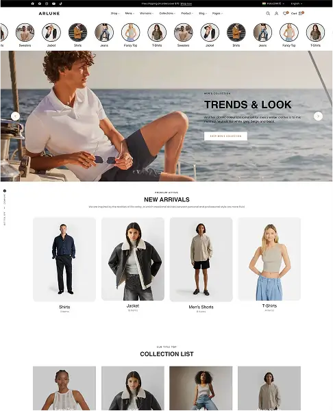 Fashion website homepage with a man on a sailboat and clothing collection images.