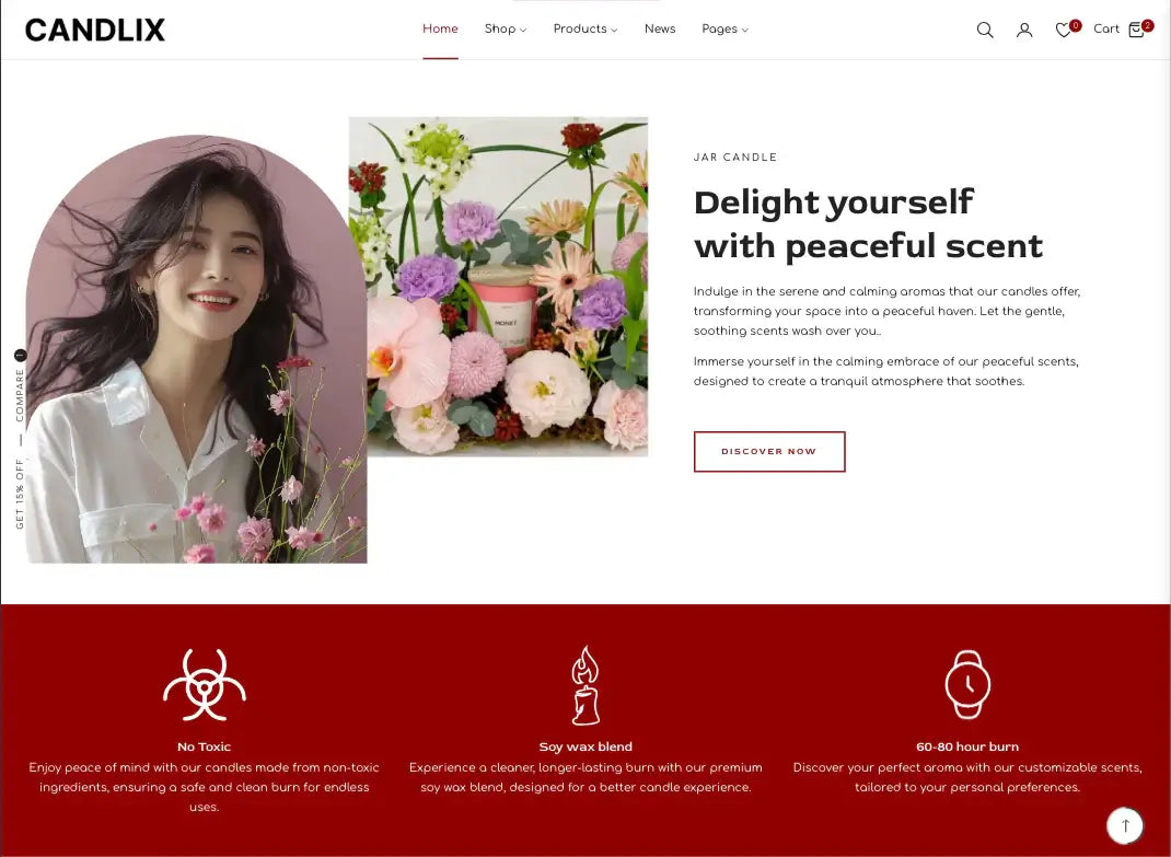 Candlix website homepage with a woman, flowers, and product description.