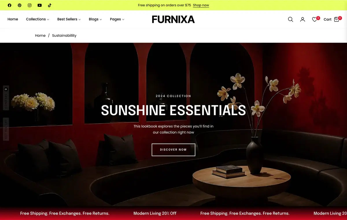 Elegant homepage layout of Furnixa Shopify furniture theme showcasing skincare and cosmetic products