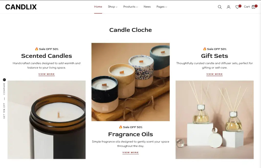 Candlix website page featuring candles, gift sets, and fragrance oils with a focus on decorative items.