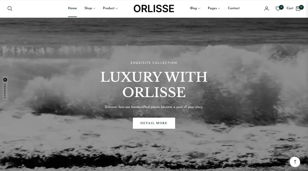 Orlisse website homepage with ocean wave background