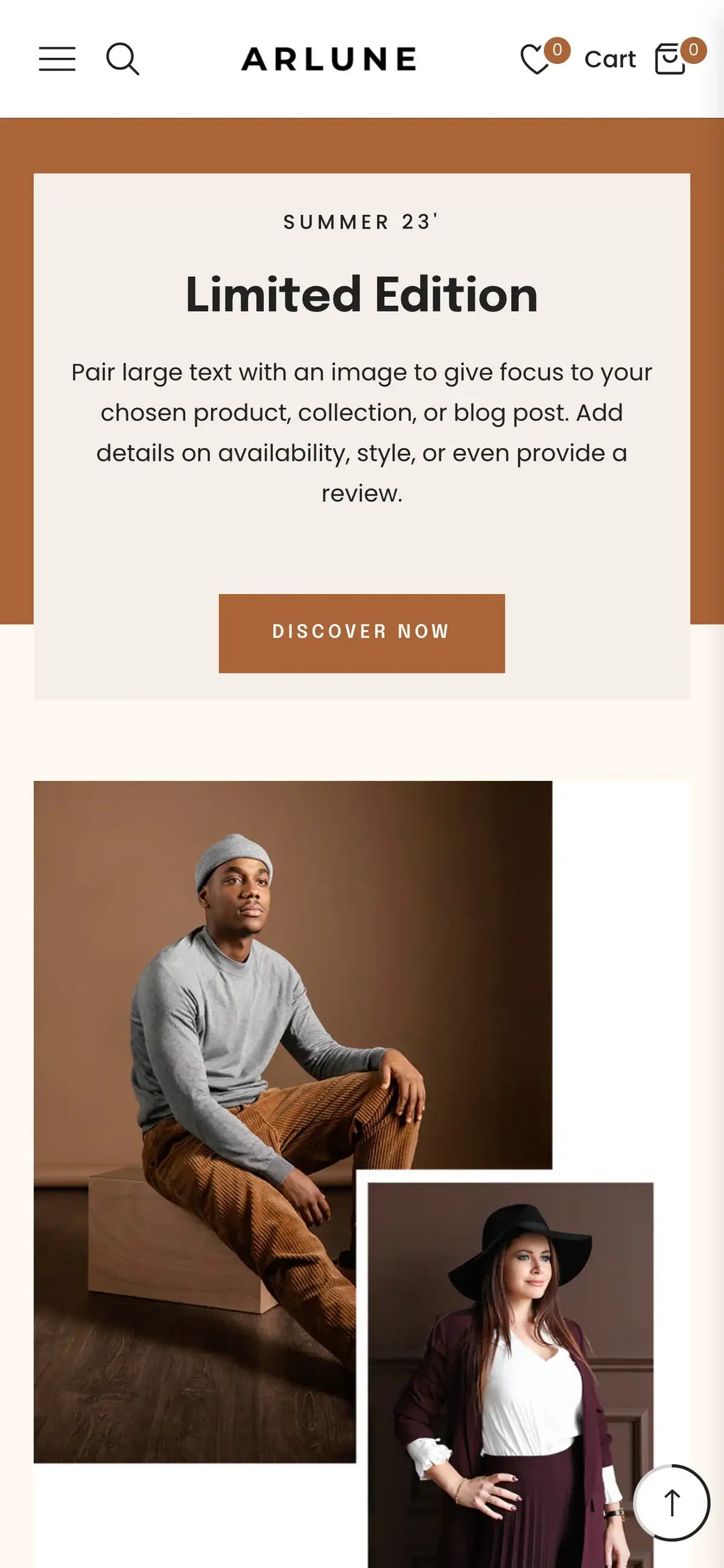 Arlune brand page with a man and woman in clothing, featuring a 'Discover Now' button.