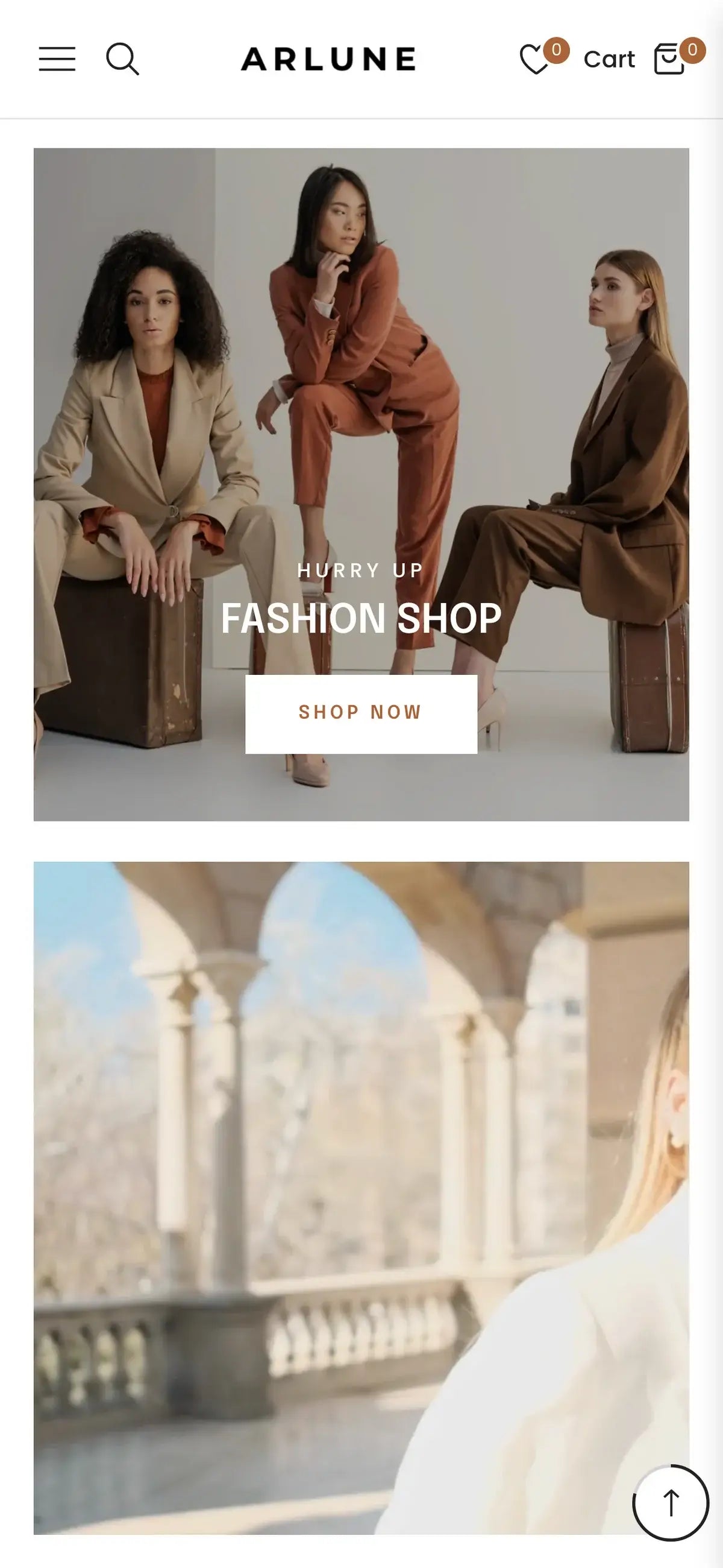 Arlune fashion shop homepage with models in brown outfits and a blurred outdoor scene.