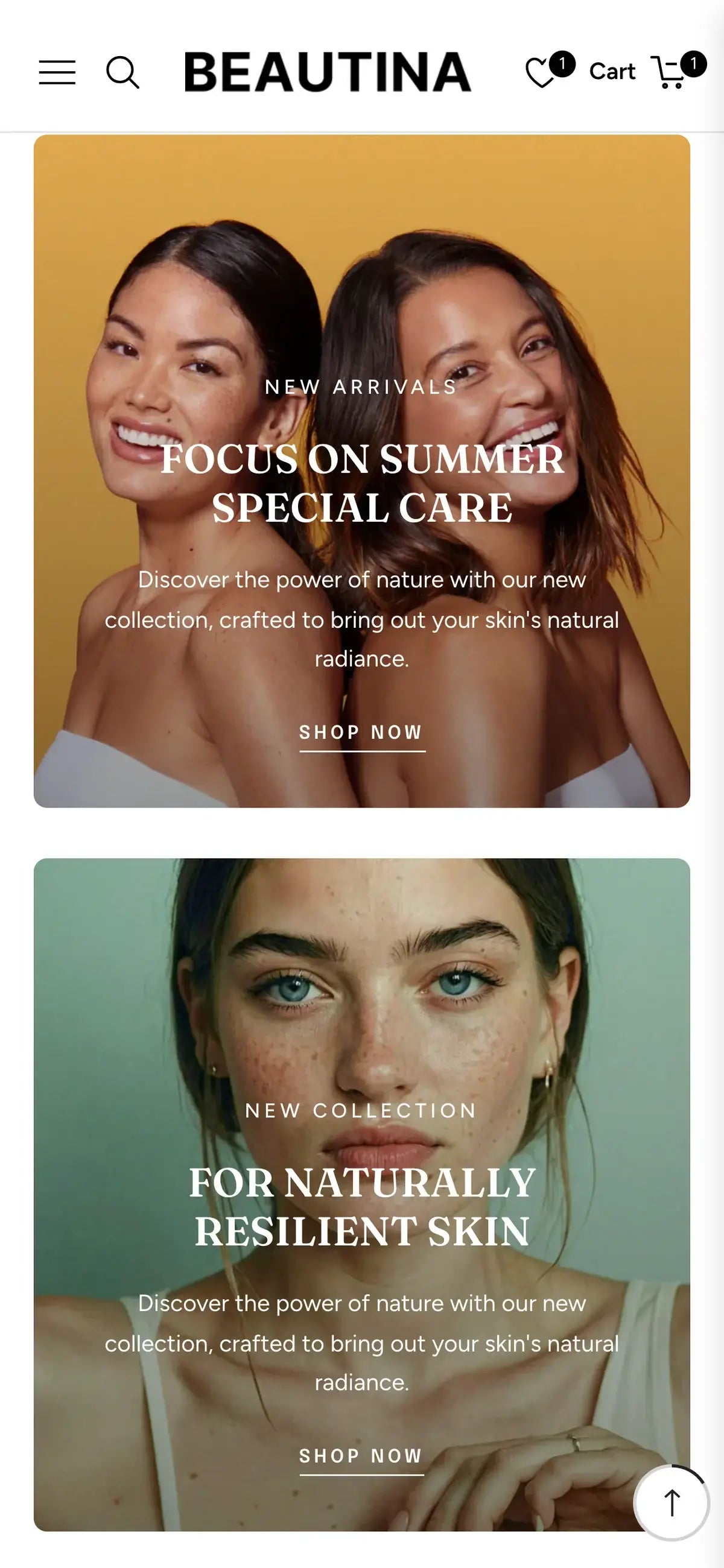 Advertisement for Beautina with two women and text about summer special care and a new collection for resilient skin.