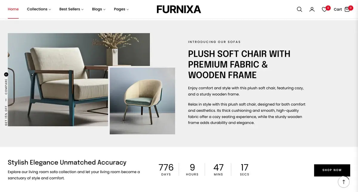 Furnixa website page showcasing a plush soft chair with premium fabric and wooden frame.