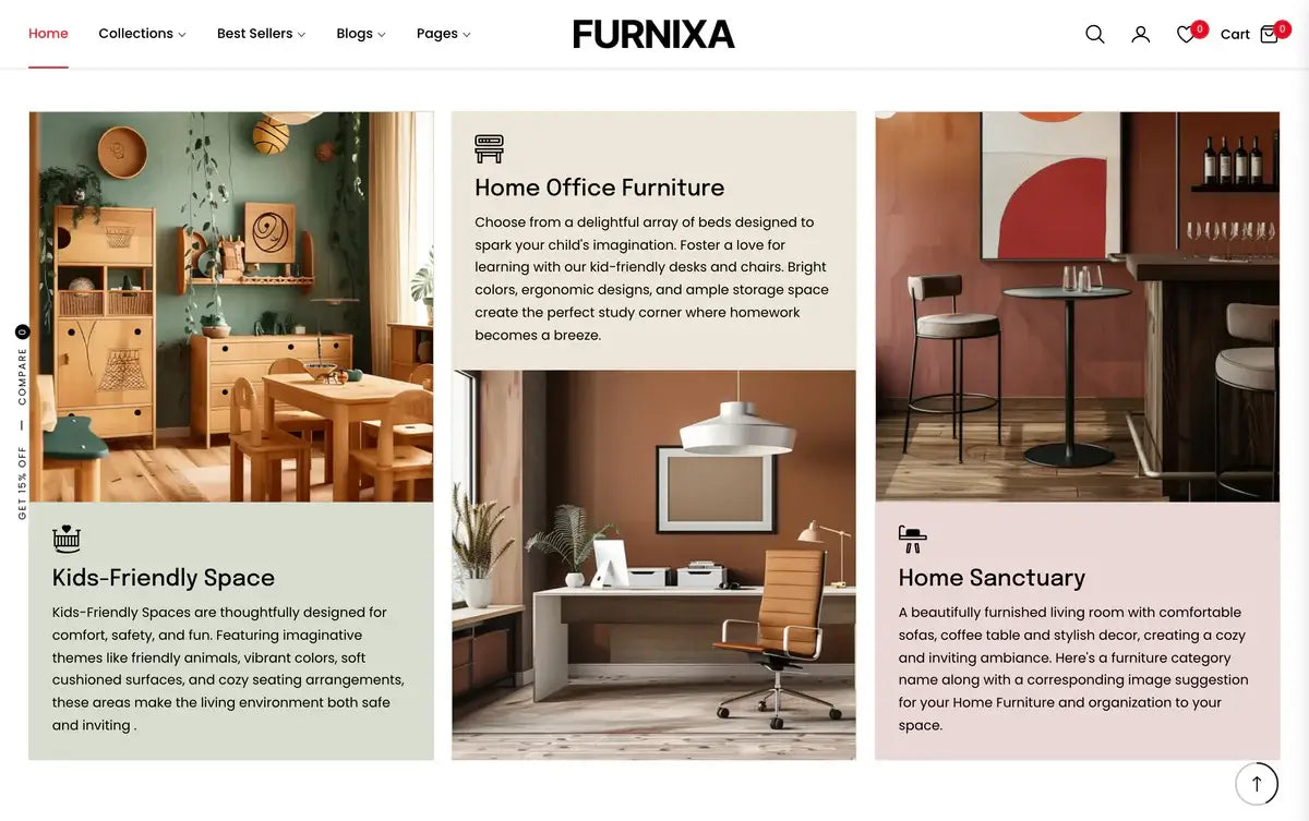 Furnixa website page with home office furniture and kids-friendly space sections.