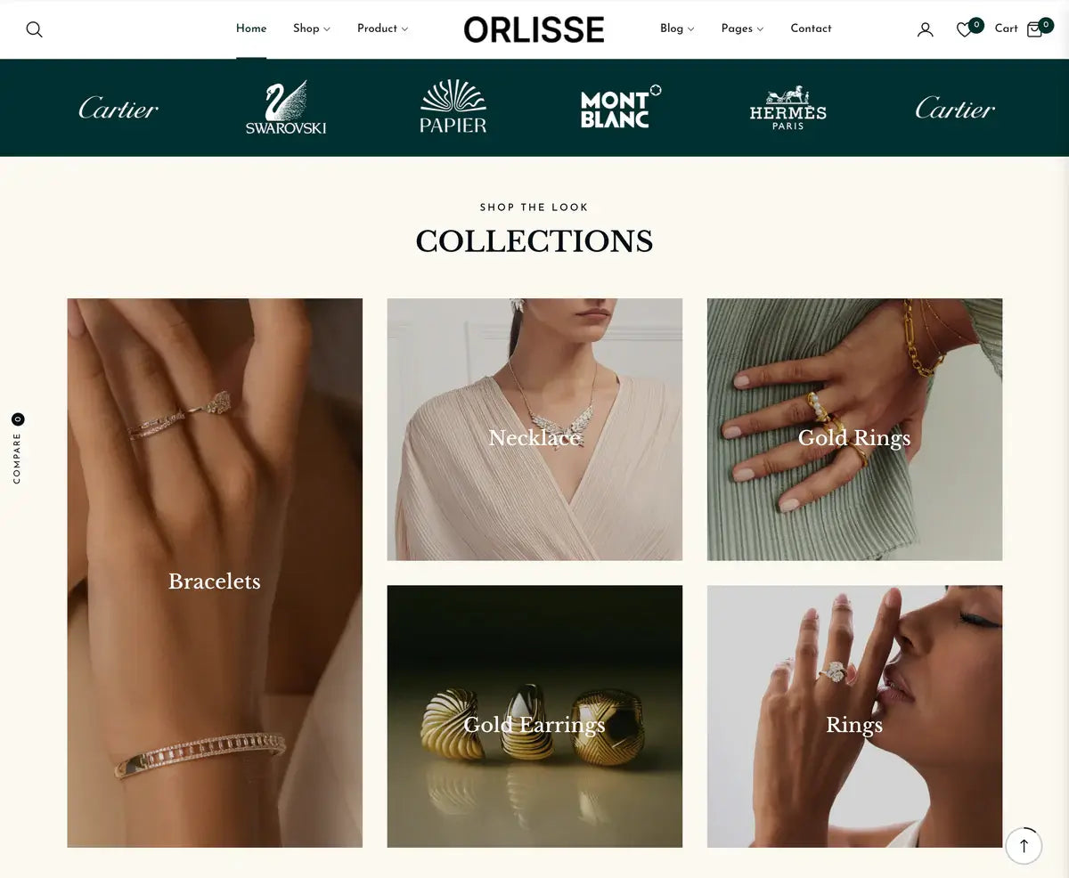 Orlisse jewelry website with images of jewelry and brand logos at the top.