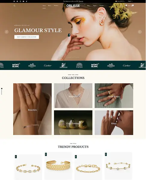 Orlisse jewelry website with a model wearing earrings and various jewelry items displayed.